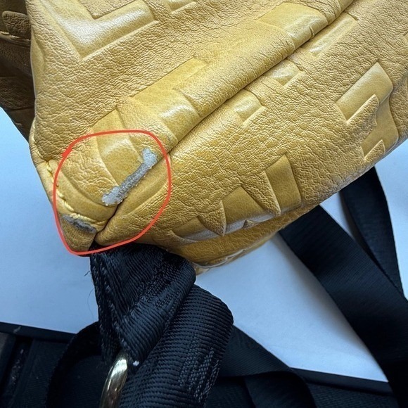 Steve Madden Yellow Embossed Logo Mini Backpack Mustard Tassel -corner peeling - Picture 2 of 11